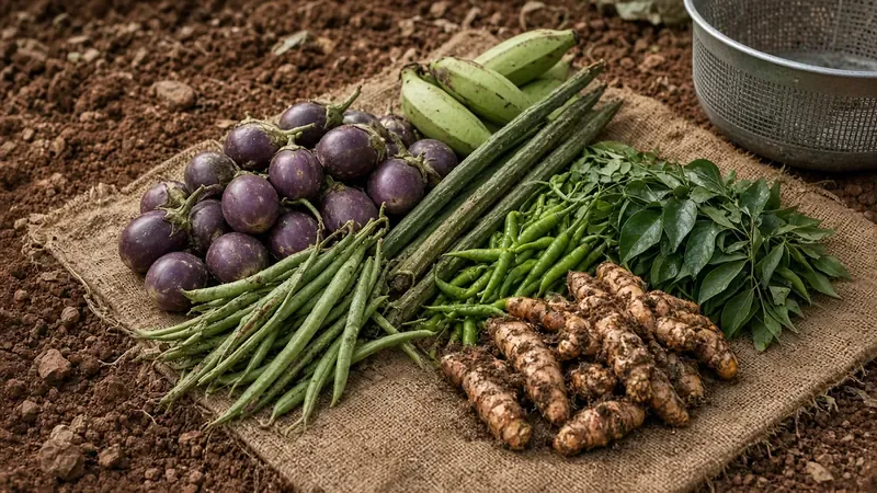 Freshly picked vegetables and turmeric laid out on a jute sack
