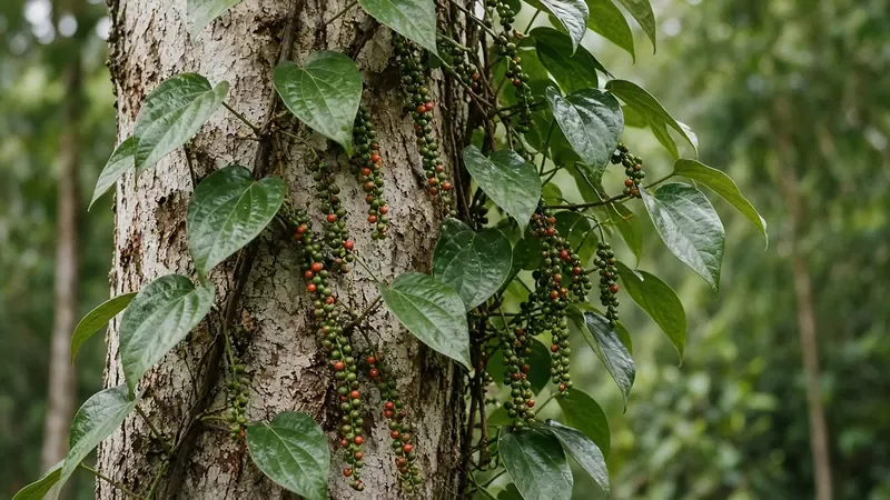 Green pepper berries on a vine climbing a tree trunk