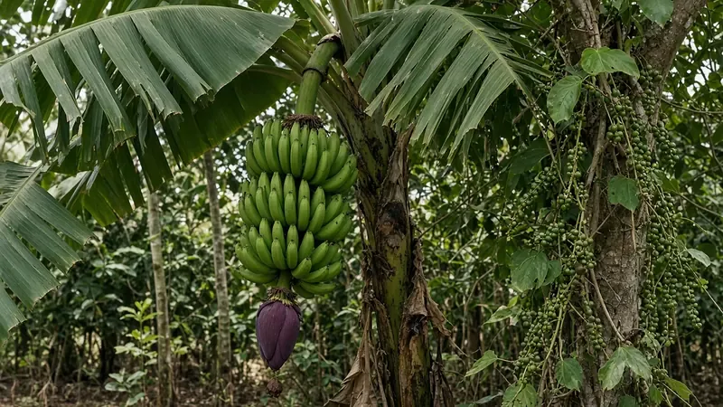 A bunch of green bananas on the plant in the food forest