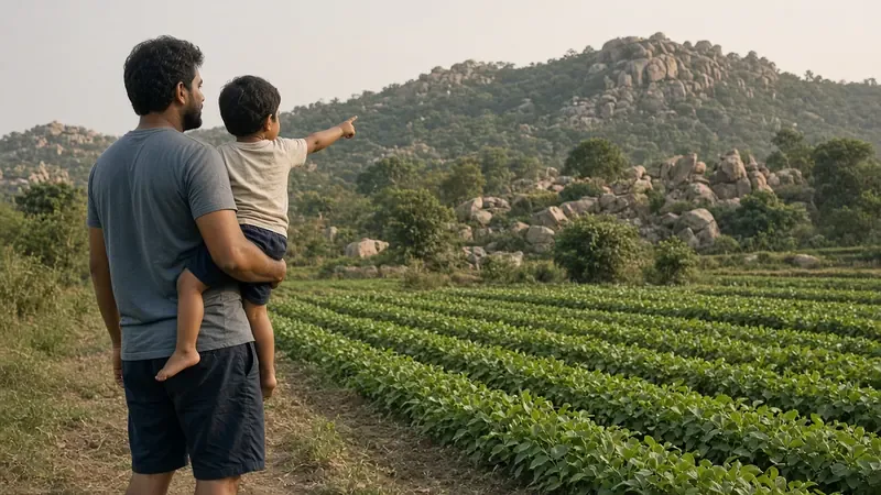 A father holding his child, looking out over the farm and hills