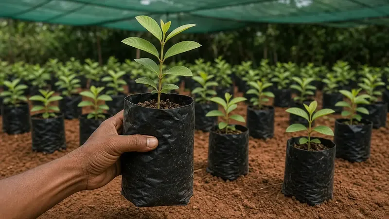 A hand holding a young sapling in a nursery bag, ready for planting
