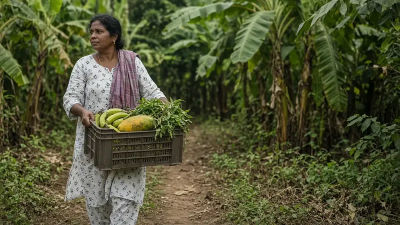A farm worker carrying a crate of freshly picked produce