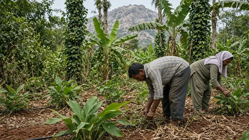 Farm staff tending layered rows of banana, pepper vines and turmeric beds
