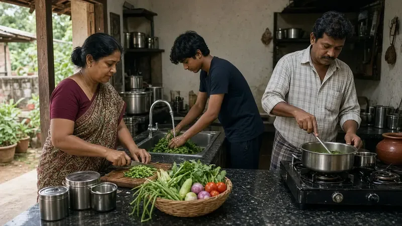 A family cooking together with fresh vegetables in a farm kitchen