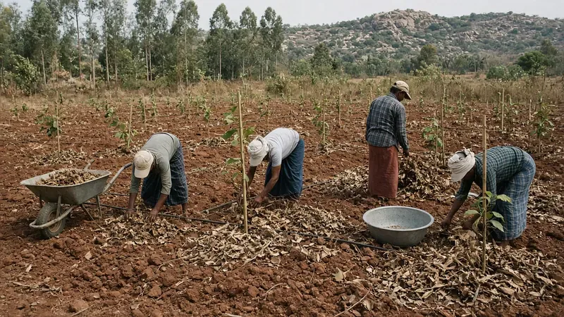 Farm staff laying mulch along planted rows on red soil